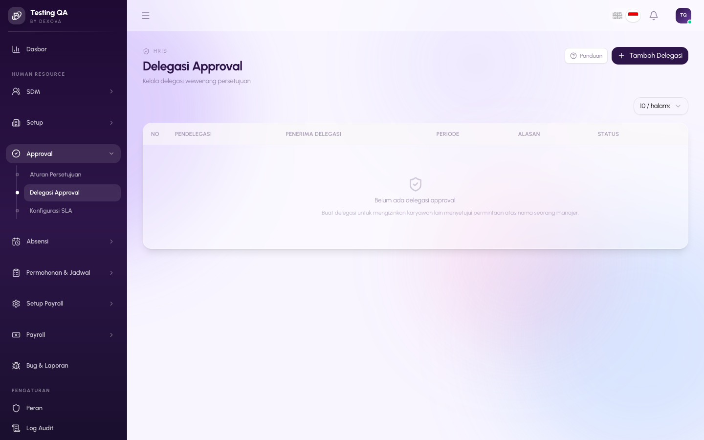 Halaman Approval Delegations di dashboard Dexova