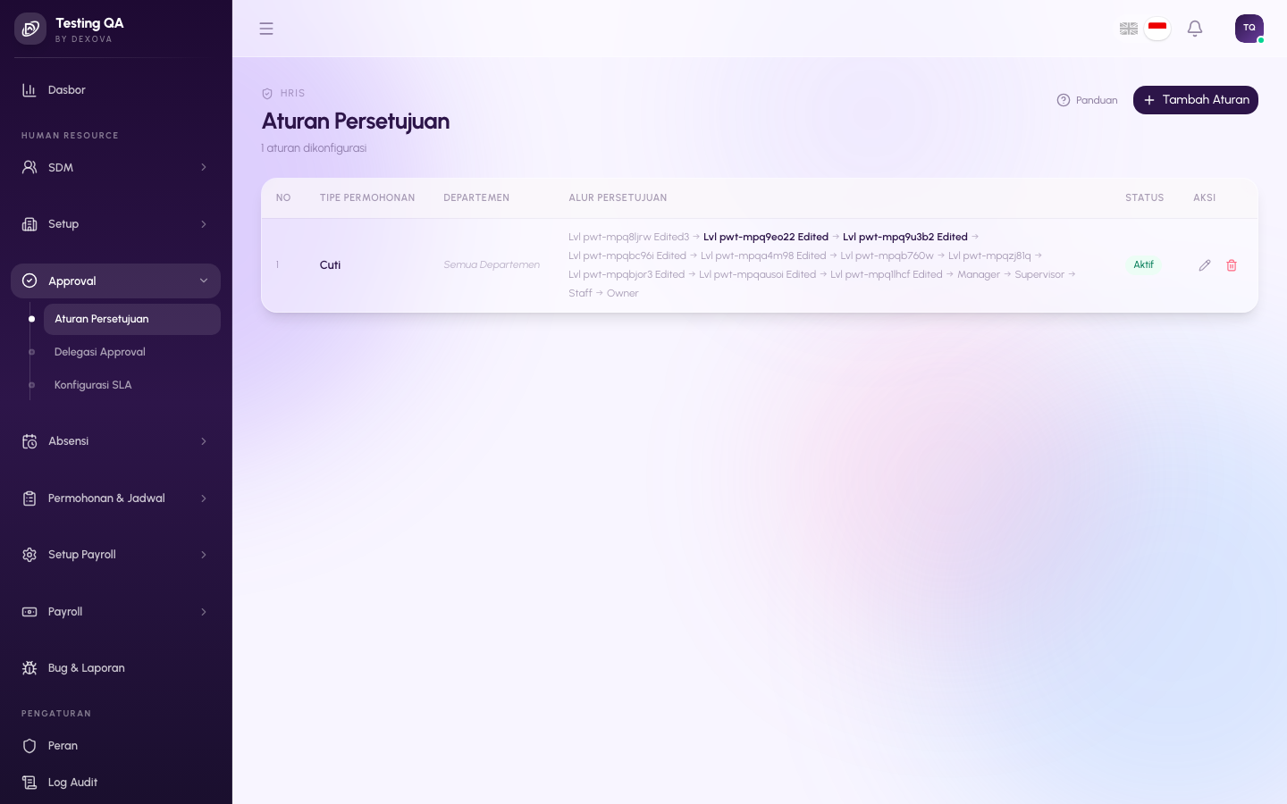 Halaman Approval Rules di dashboard Dexova