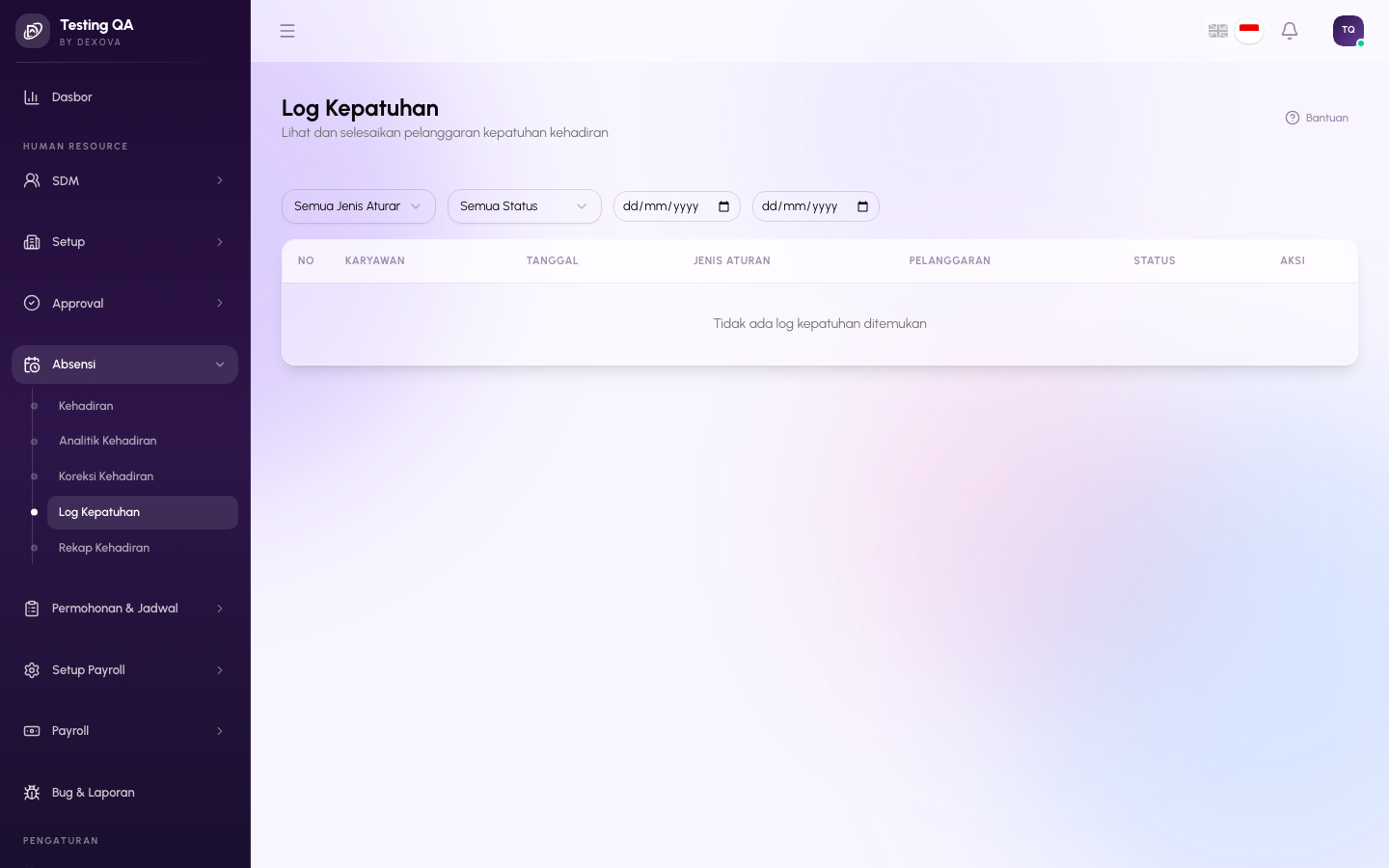 Halaman Attendance Compliance di dashboard Dexova
