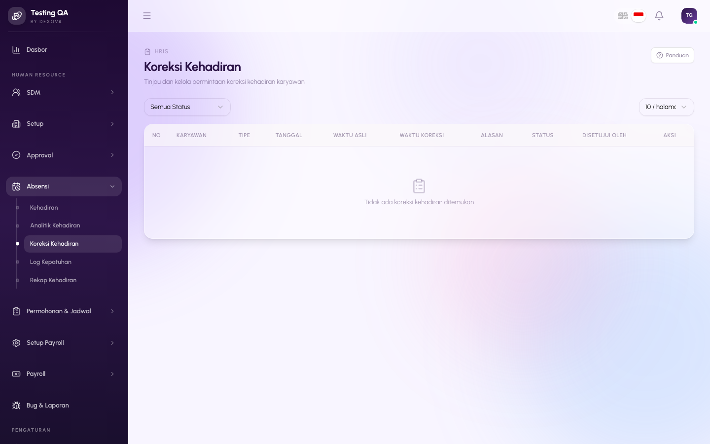 Halaman Attendance Corrections di dashboard Dexova