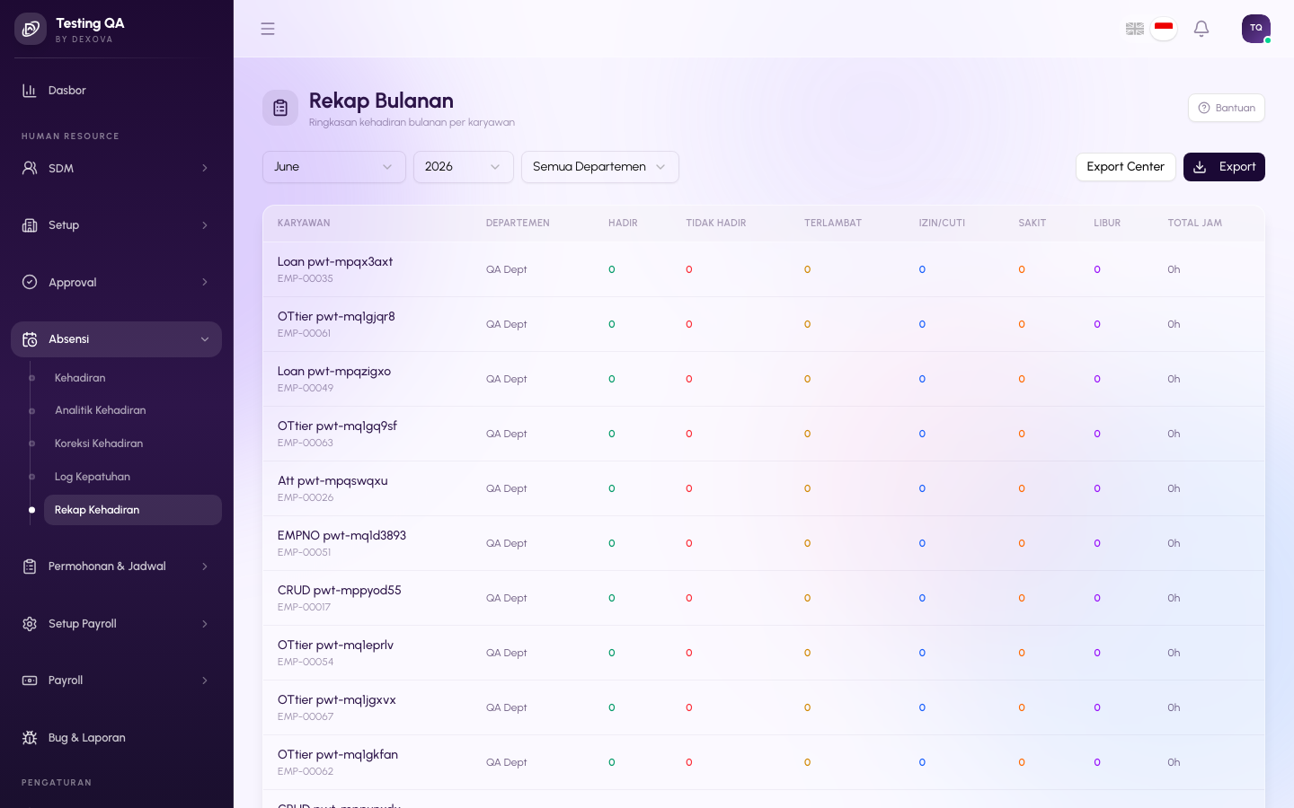 Halaman Attendance Recap di dashboard Dexova