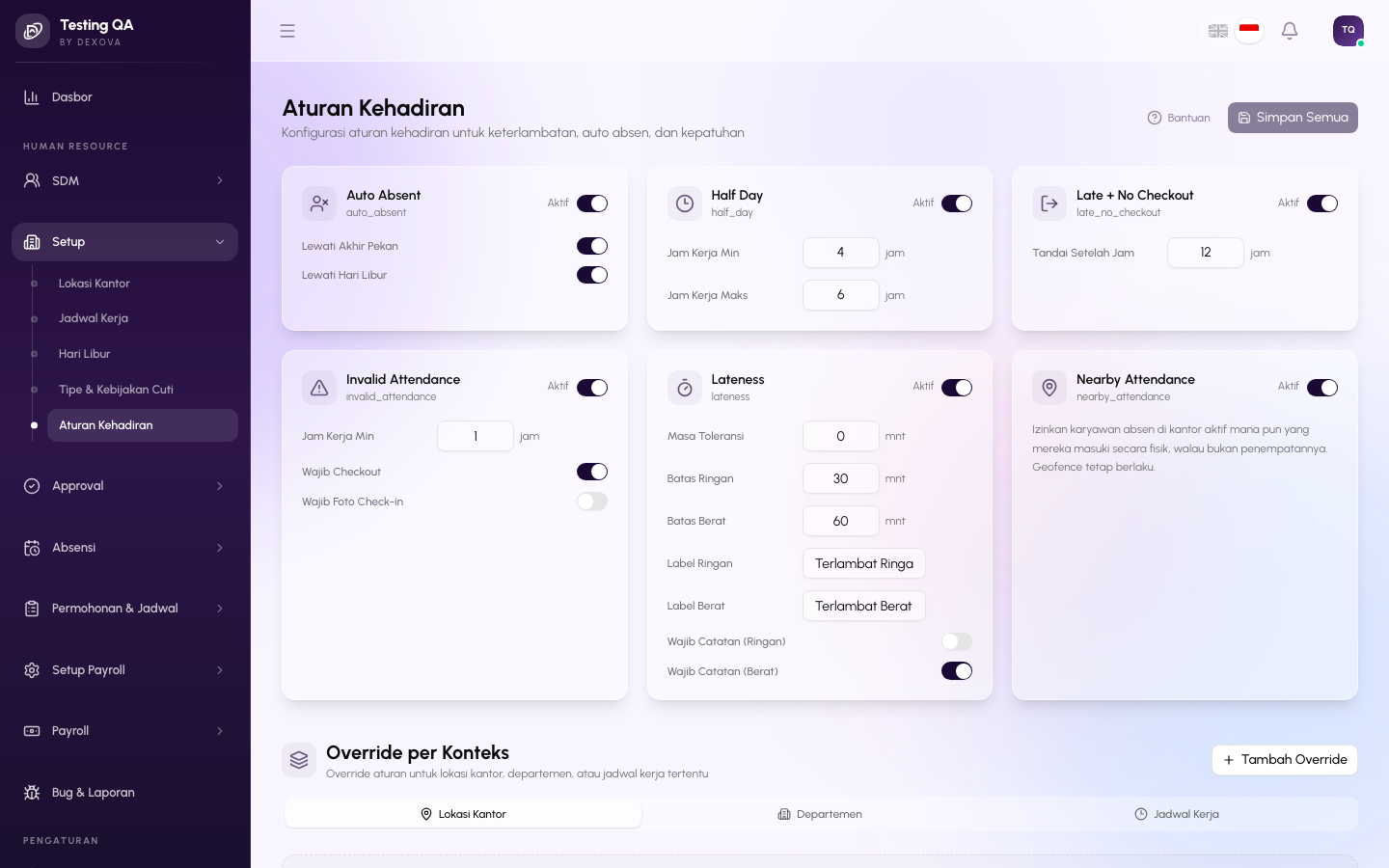 Halaman Attendance Rules di dashboard Dexova