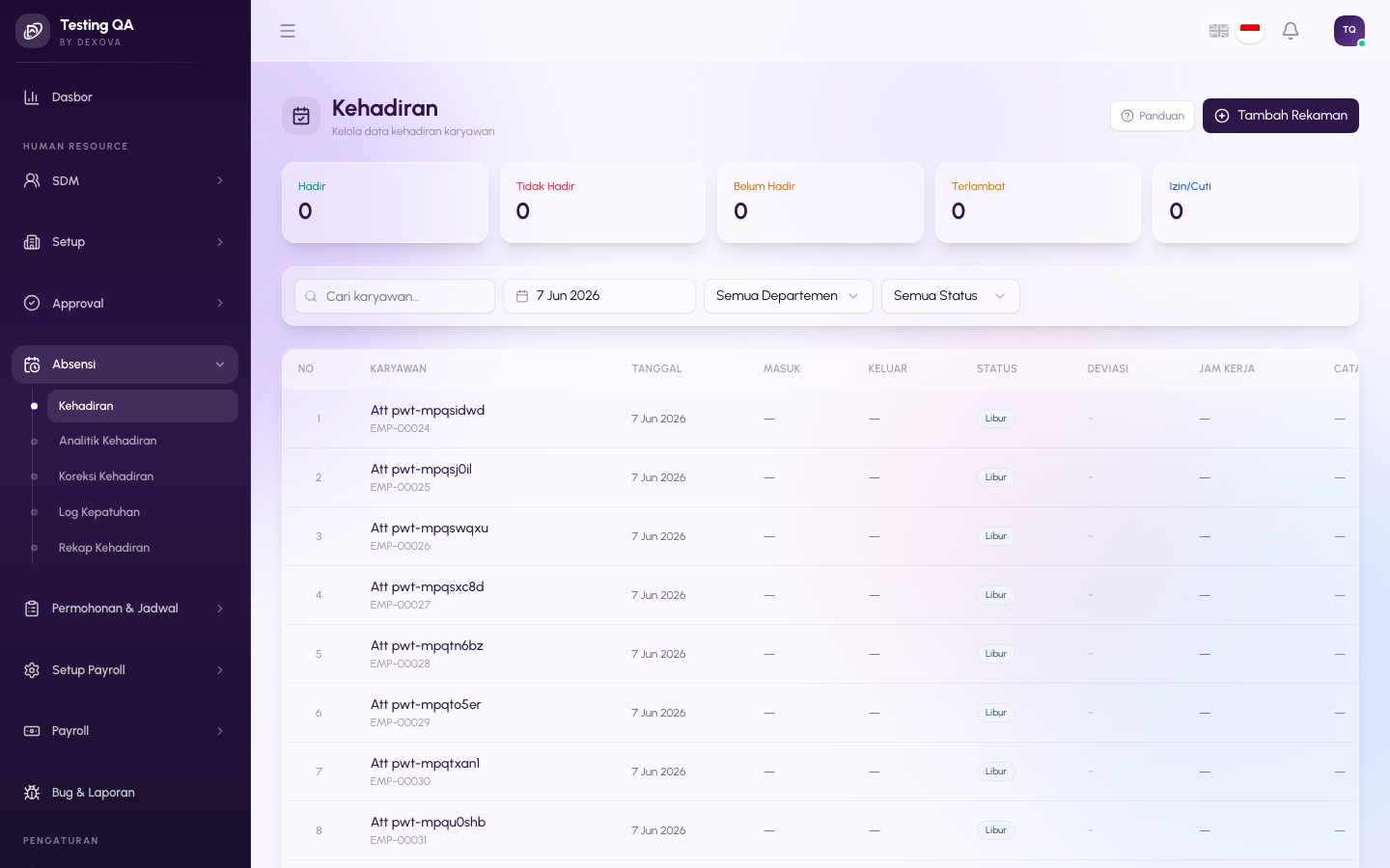 Halaman Attendance di dashboard Dexova