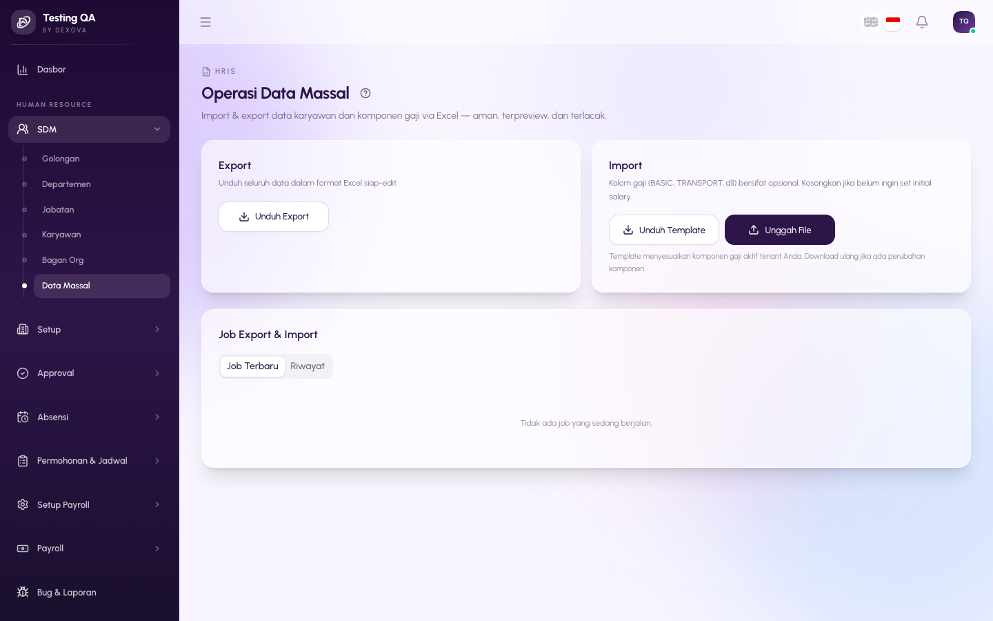 Halaman operasi data massal di dashboard Dexova