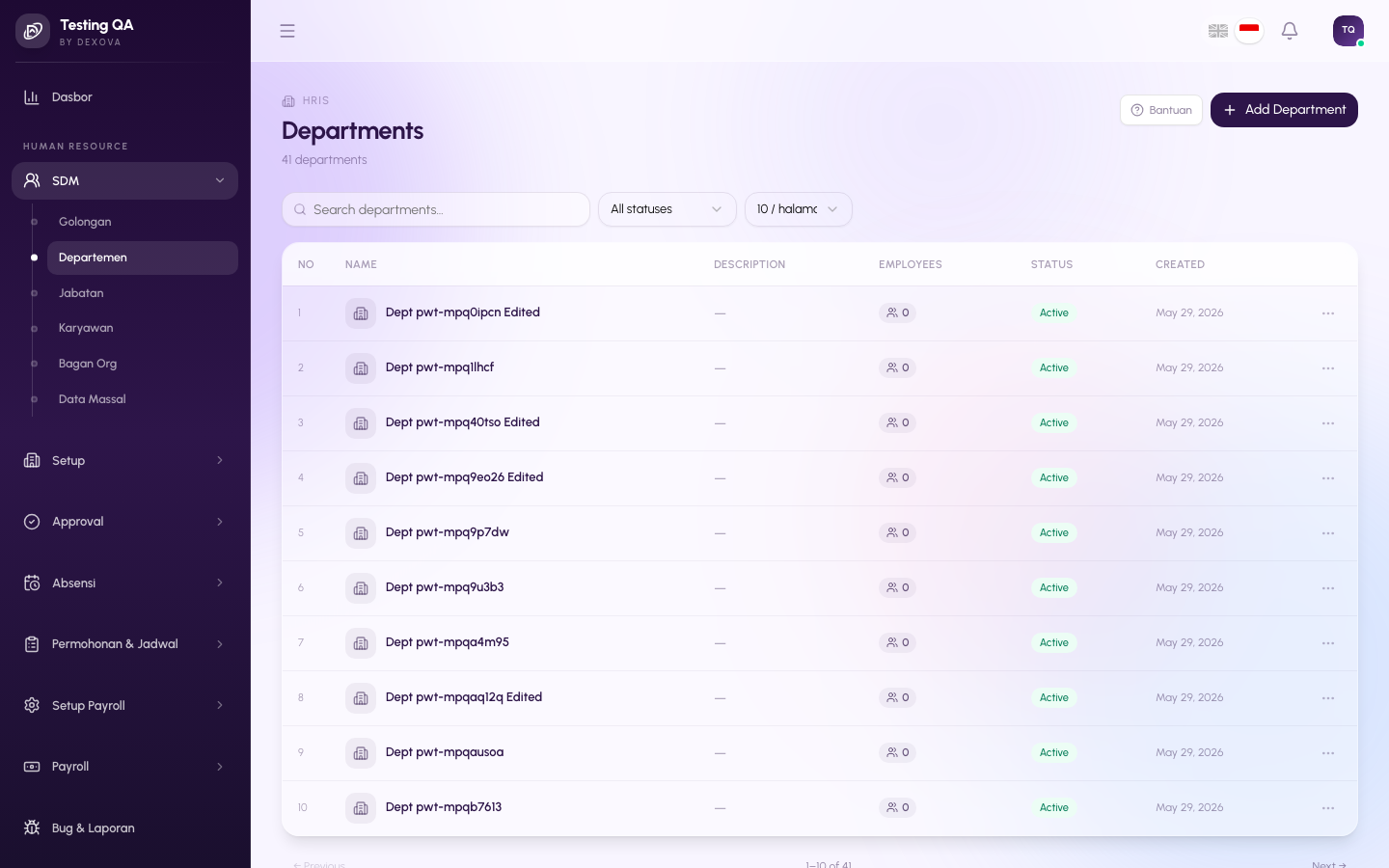 Halaman daftar departemen di dashboard Dexova
