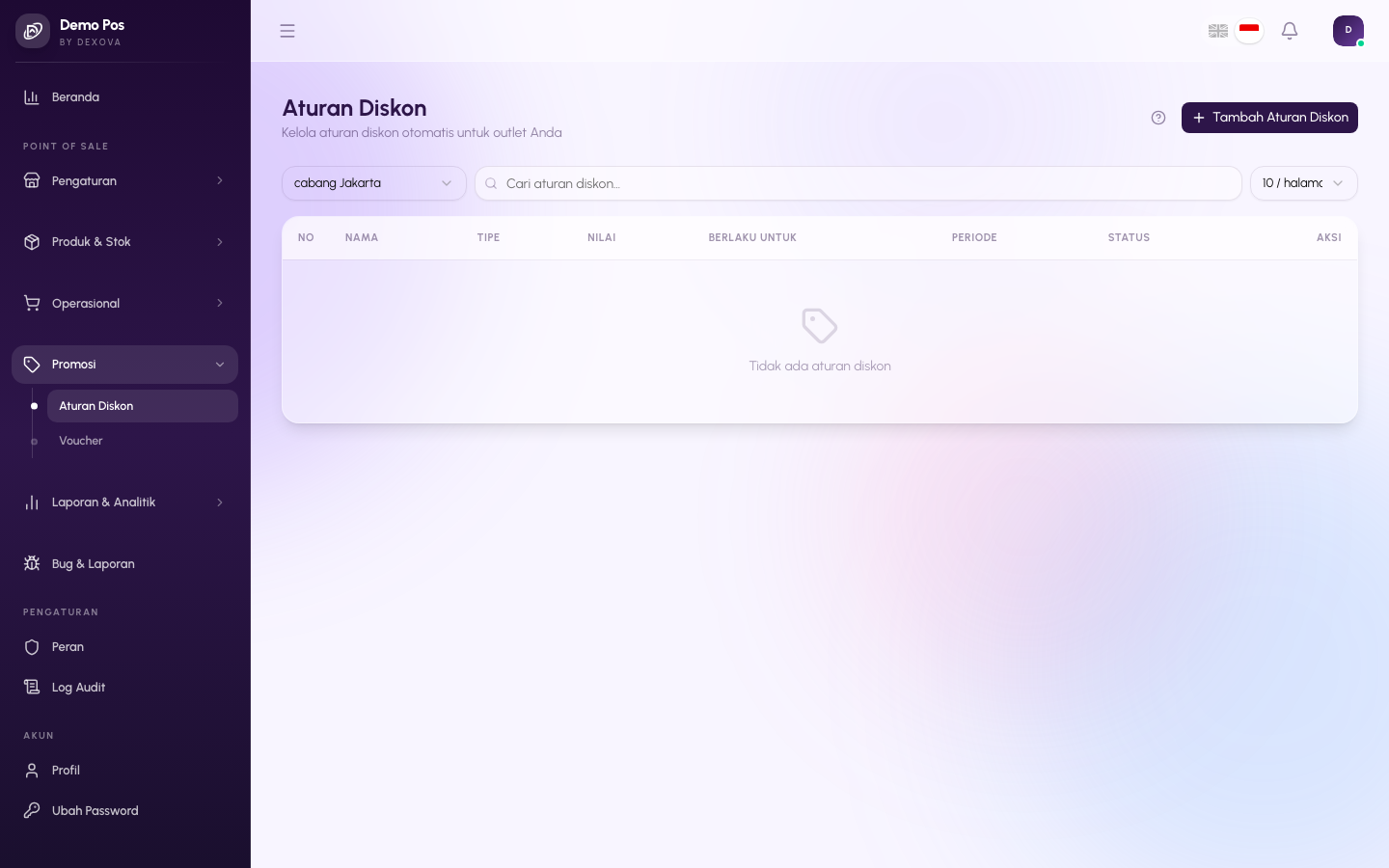 Halaman Diskon POS di dashboard Dexova