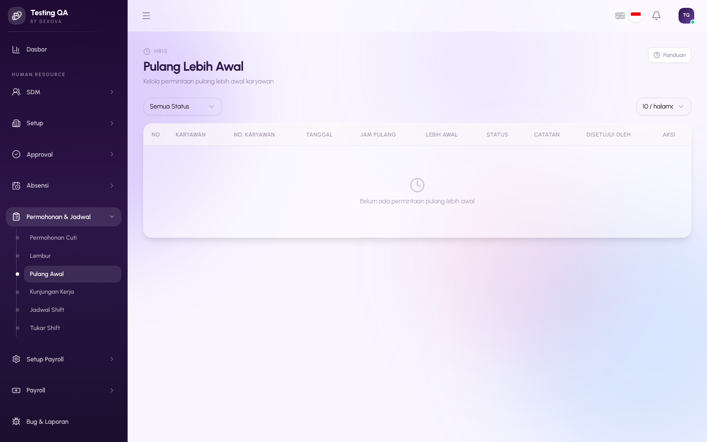 Halaman Early Checkouts di dashboard Dexova