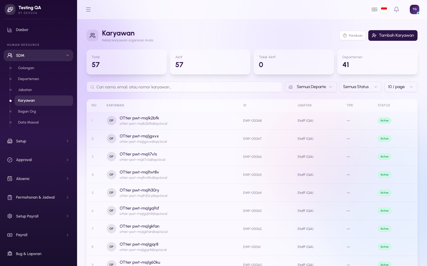 Halaman daftar karyawan di dashboard Dexova