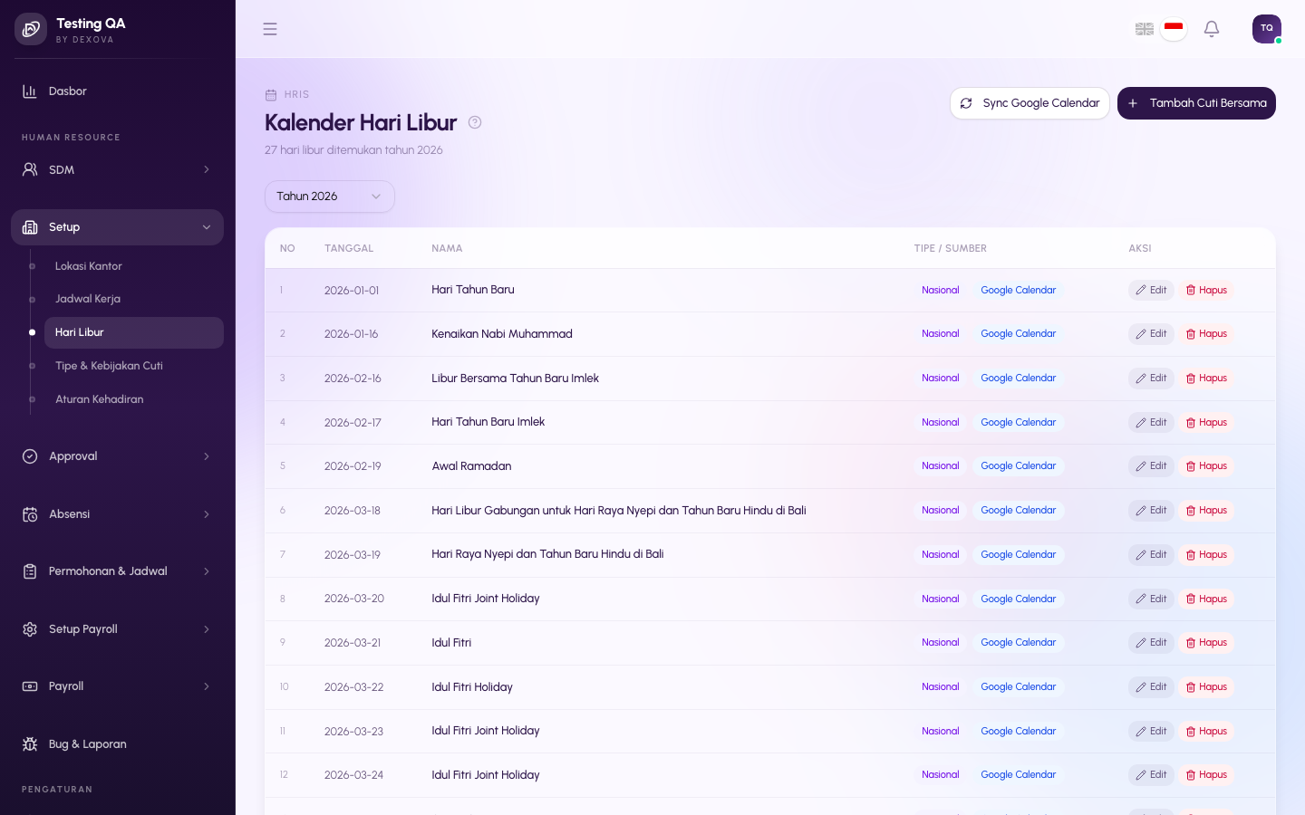 Halaman Holidays di dashboard Dexova