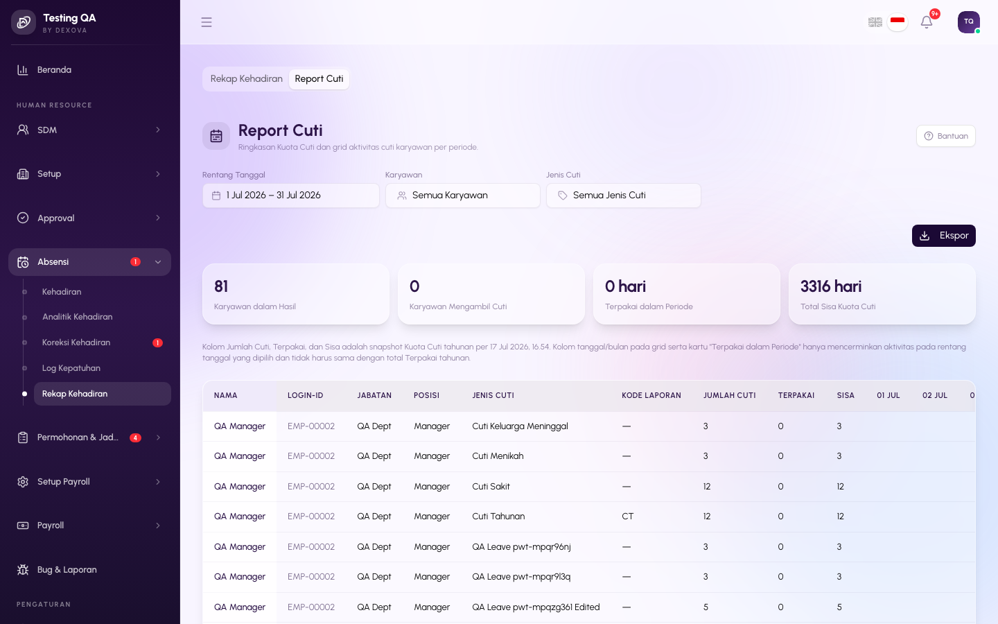 Tab Report Cuti di halaman Attendance Recap Dexova