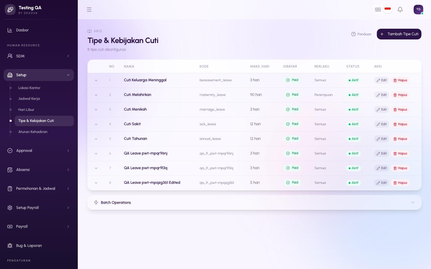 Halaman Leave Types di dashboard Dexova
