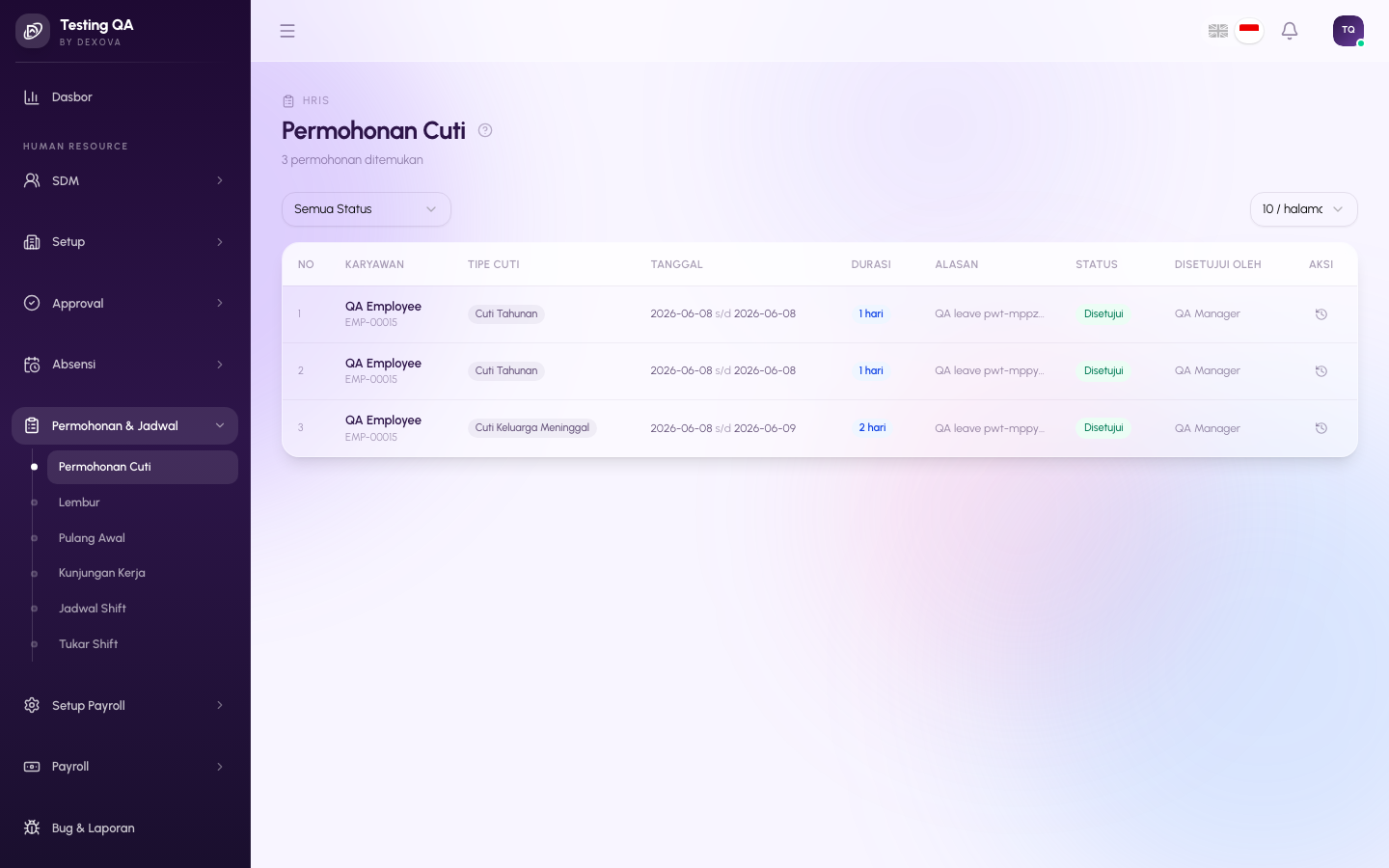 Halaman Leaves di dashboard Dexova