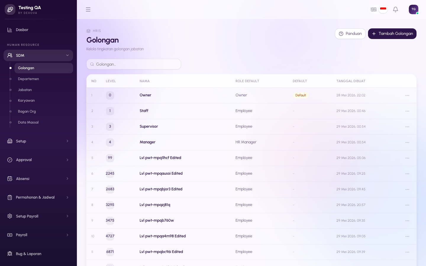 Halaman daftar golongan di dashboard Dexova