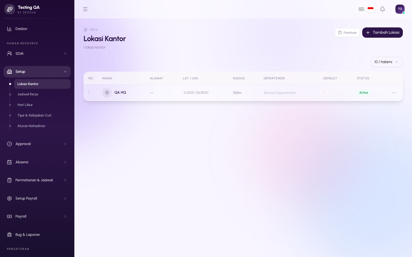 Halaman Office Locations di dashboard Dexova