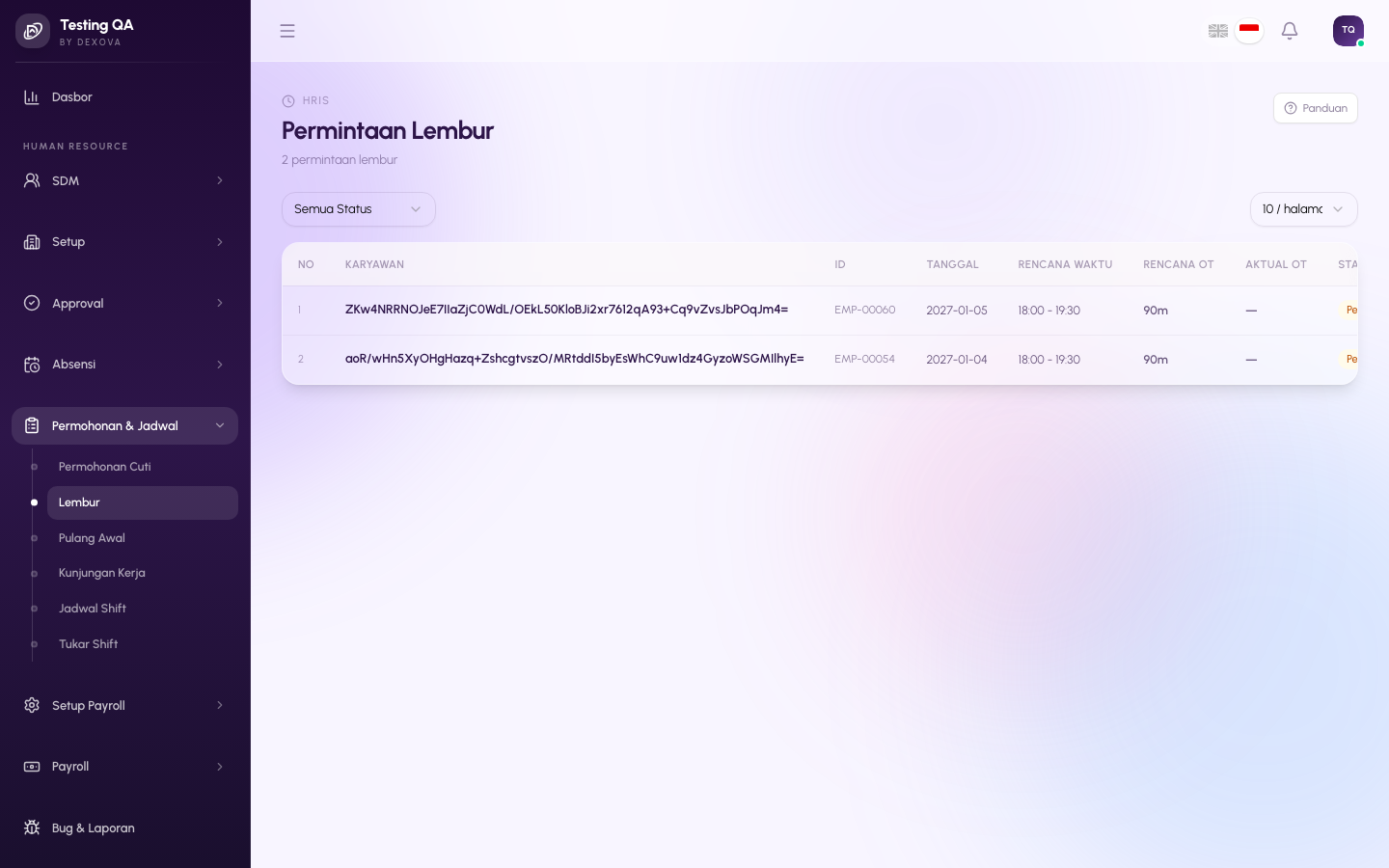 Halaman Lembur di dashboard Dexova
