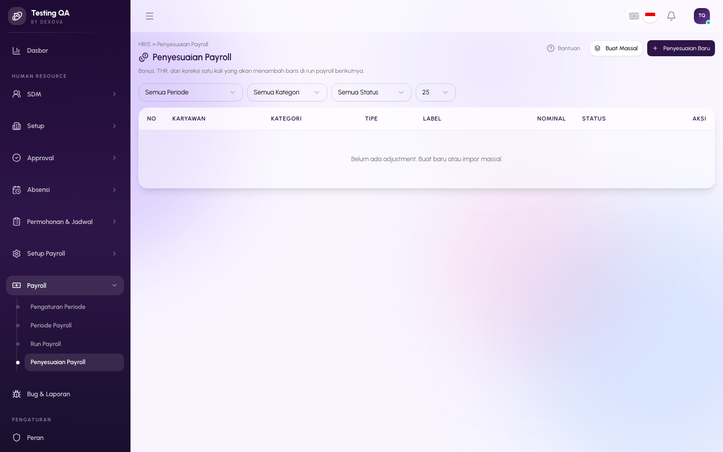 Halaman Payroll Adjustments di dashboard Dexova