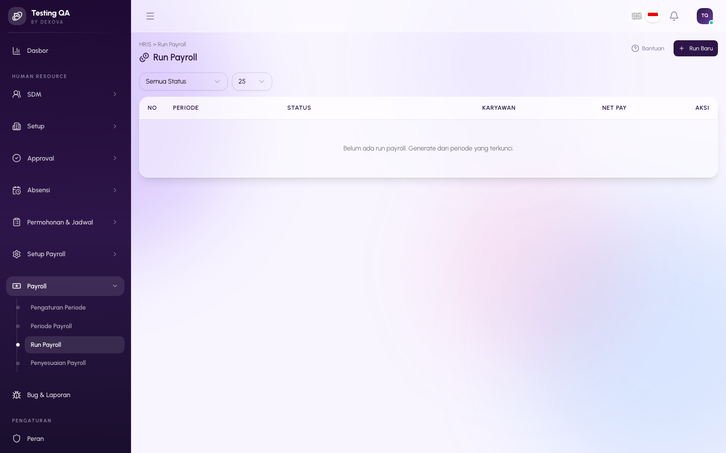 Halaman Payroll Runs di dashboard Dexova