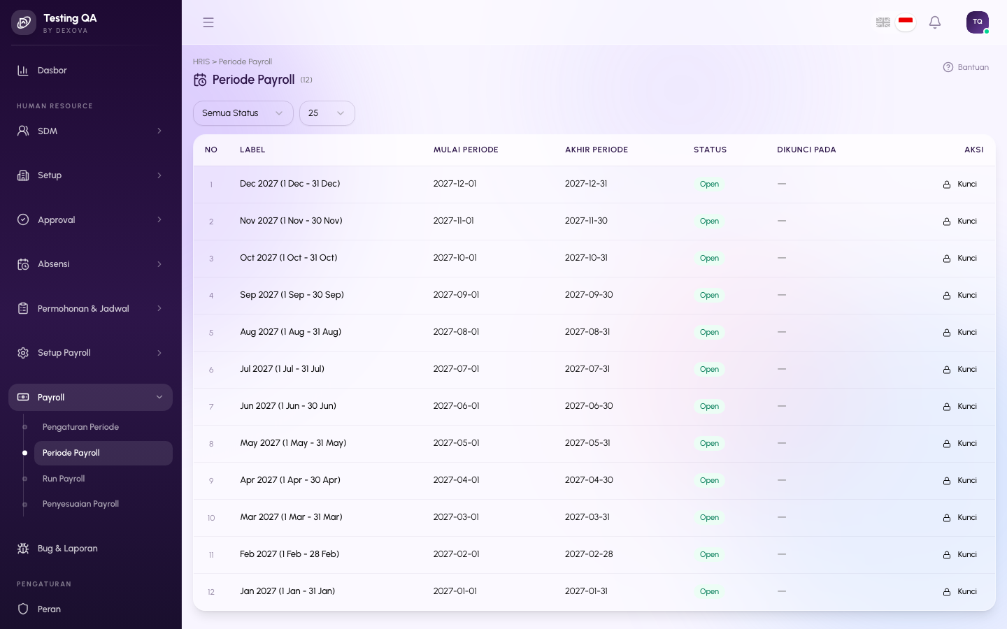 Halaman Payroll Periods di dashboard Dexova