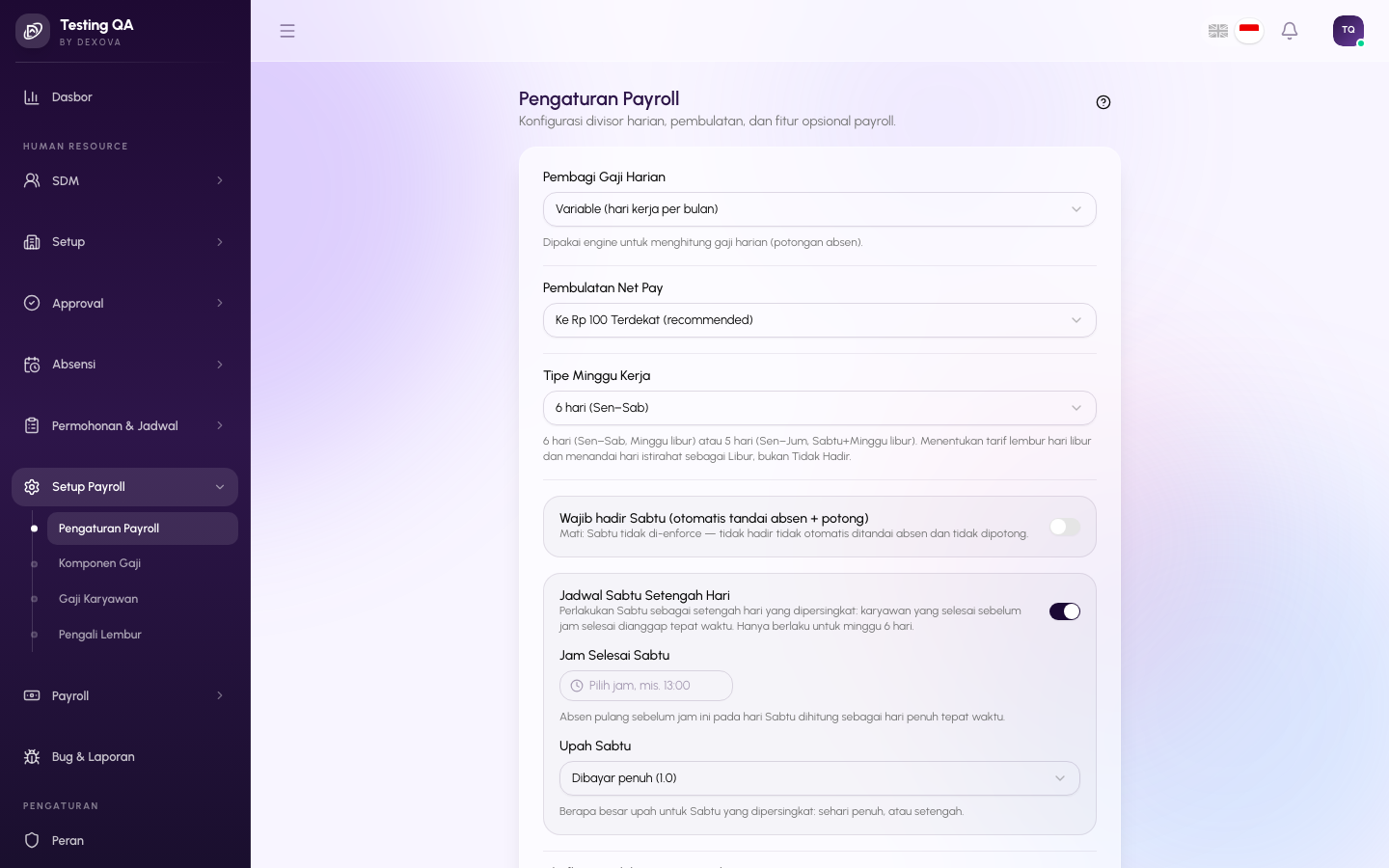 Halaman Payroll Settings di dashboard Dexova