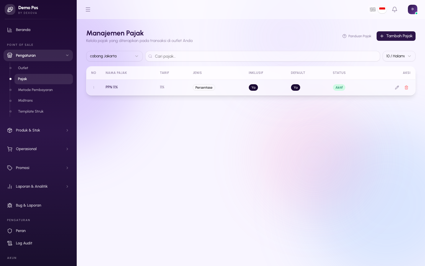 Halaman pengaturan POS di dashboard Dexova