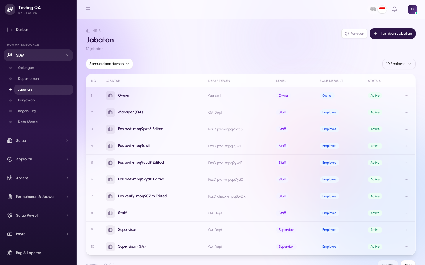 Halaman daftar jabatan di dashboard Dexova