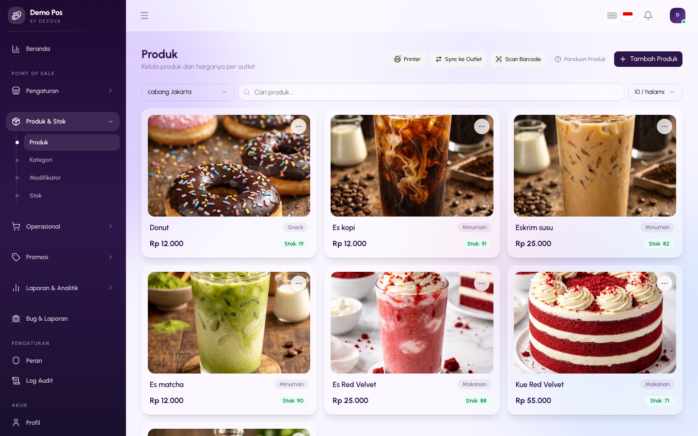 Halaman Produk POS di dashboard Dexova