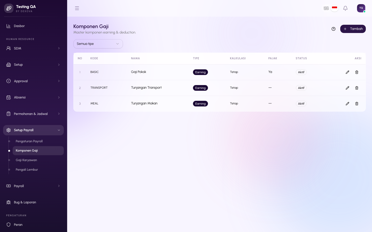 Halaman Salary Components di dashboard Dexova