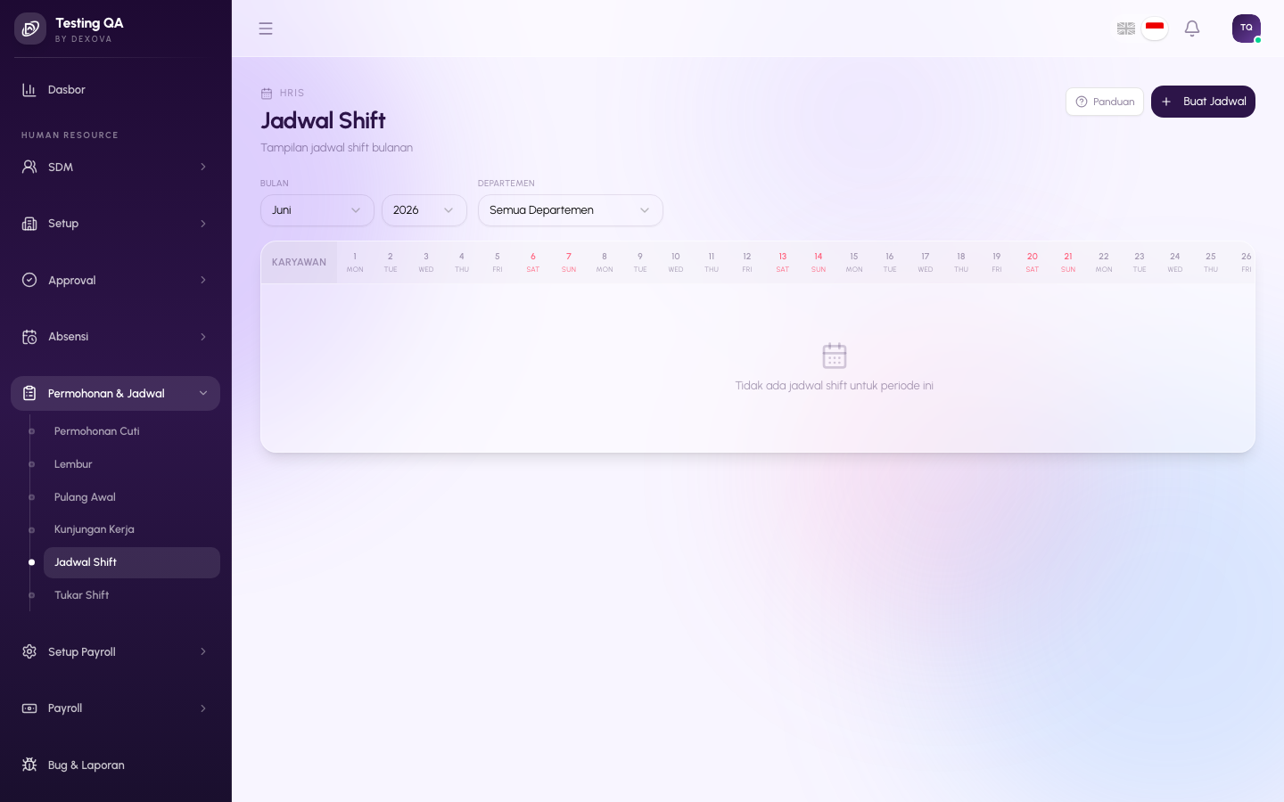 Grid jadwal shift bulanan di dashboard Dexova