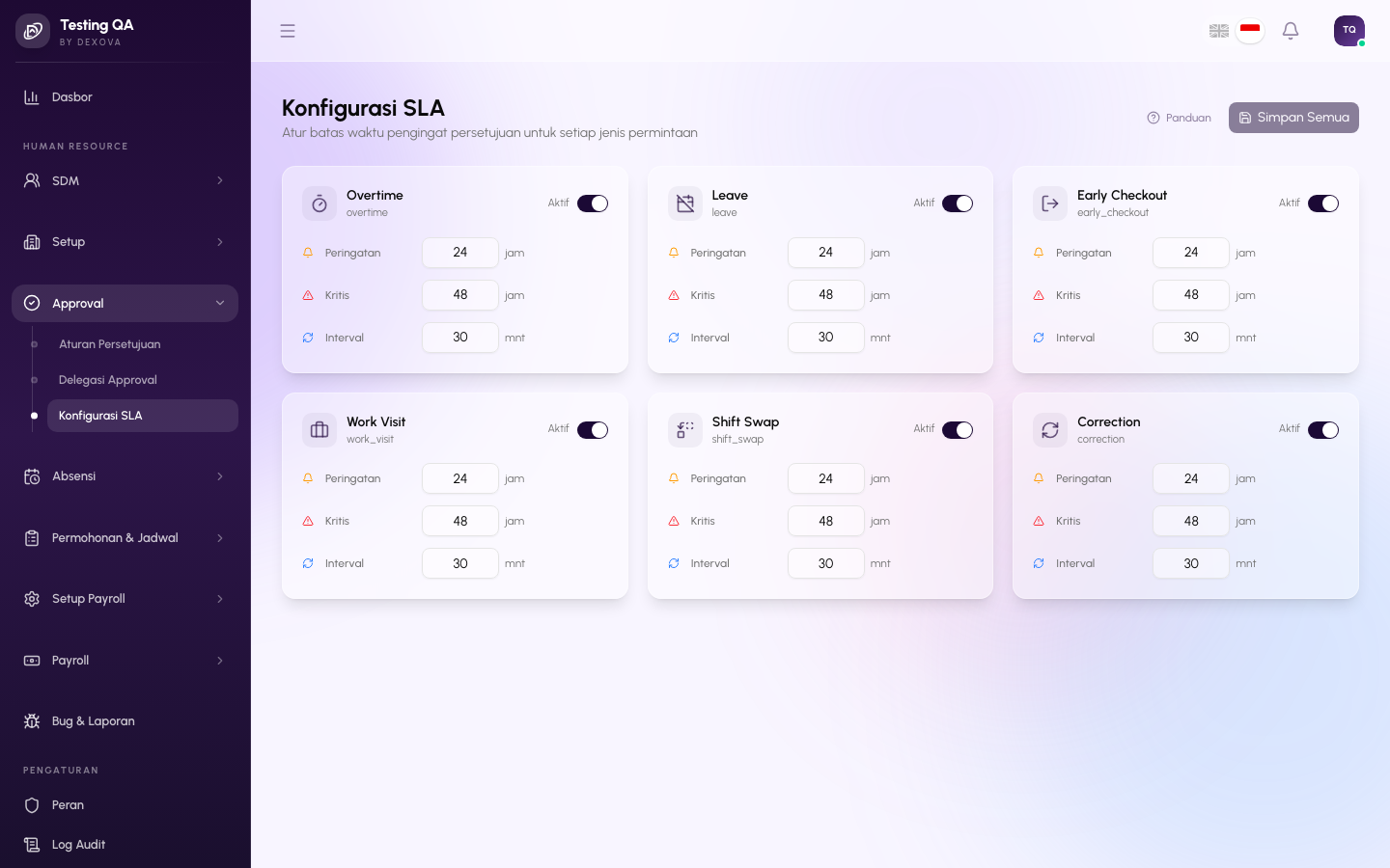 Halaman SLA Configurations di dashboard Dexova