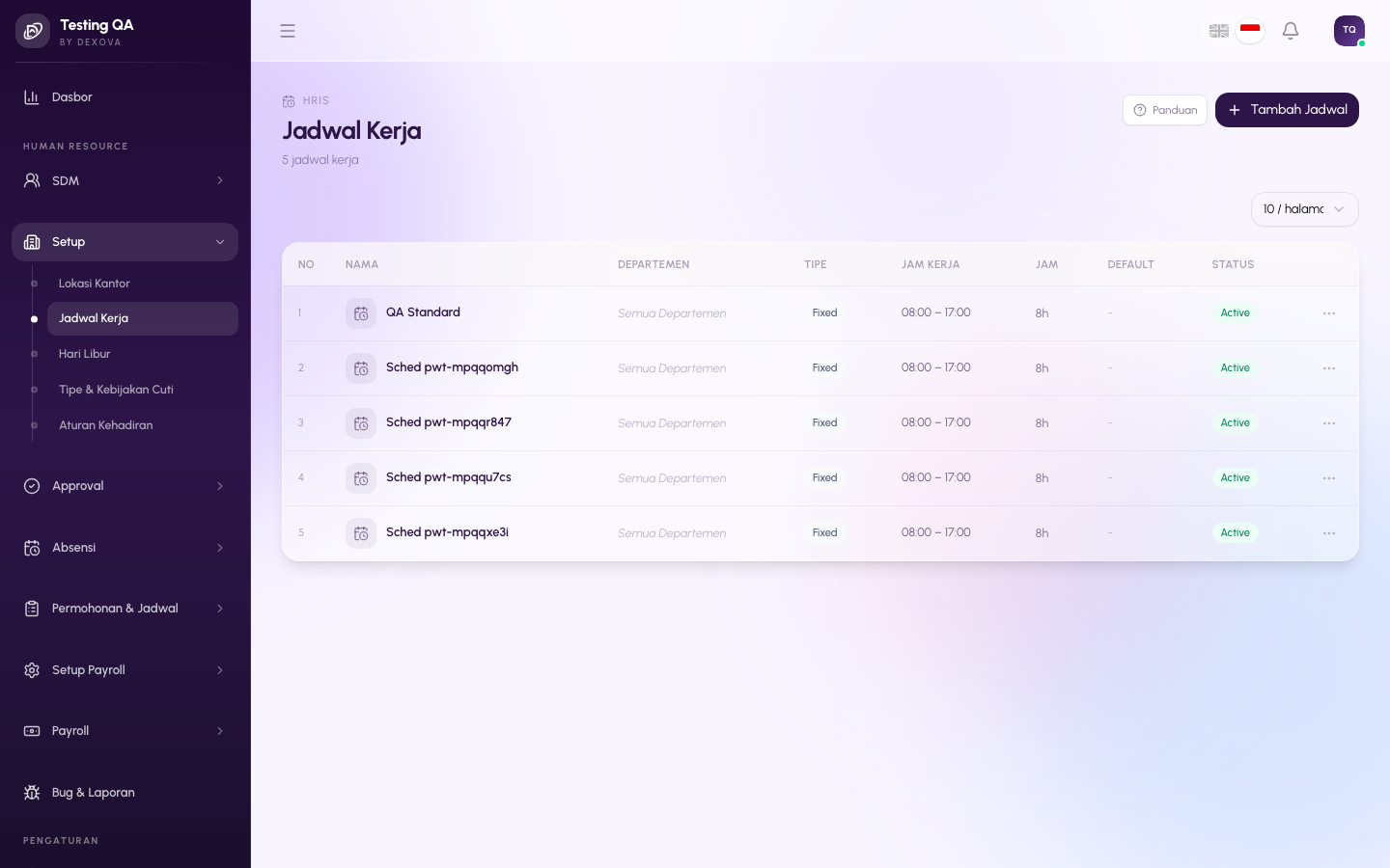 Halaman jadwal kerja di dashboard Dexova