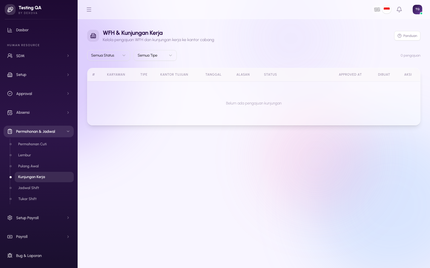 Halaman Work Visit Requests di dashboard Dexova