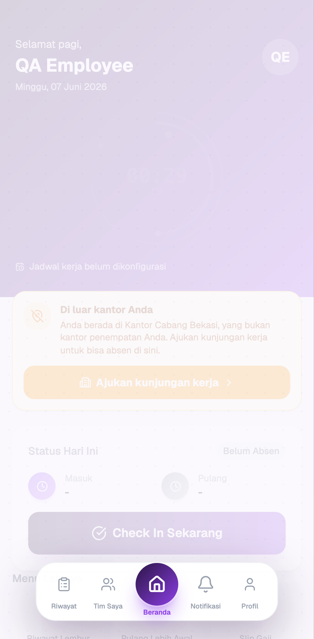 Halaman utama dex-attendance dengan tombol Check-In