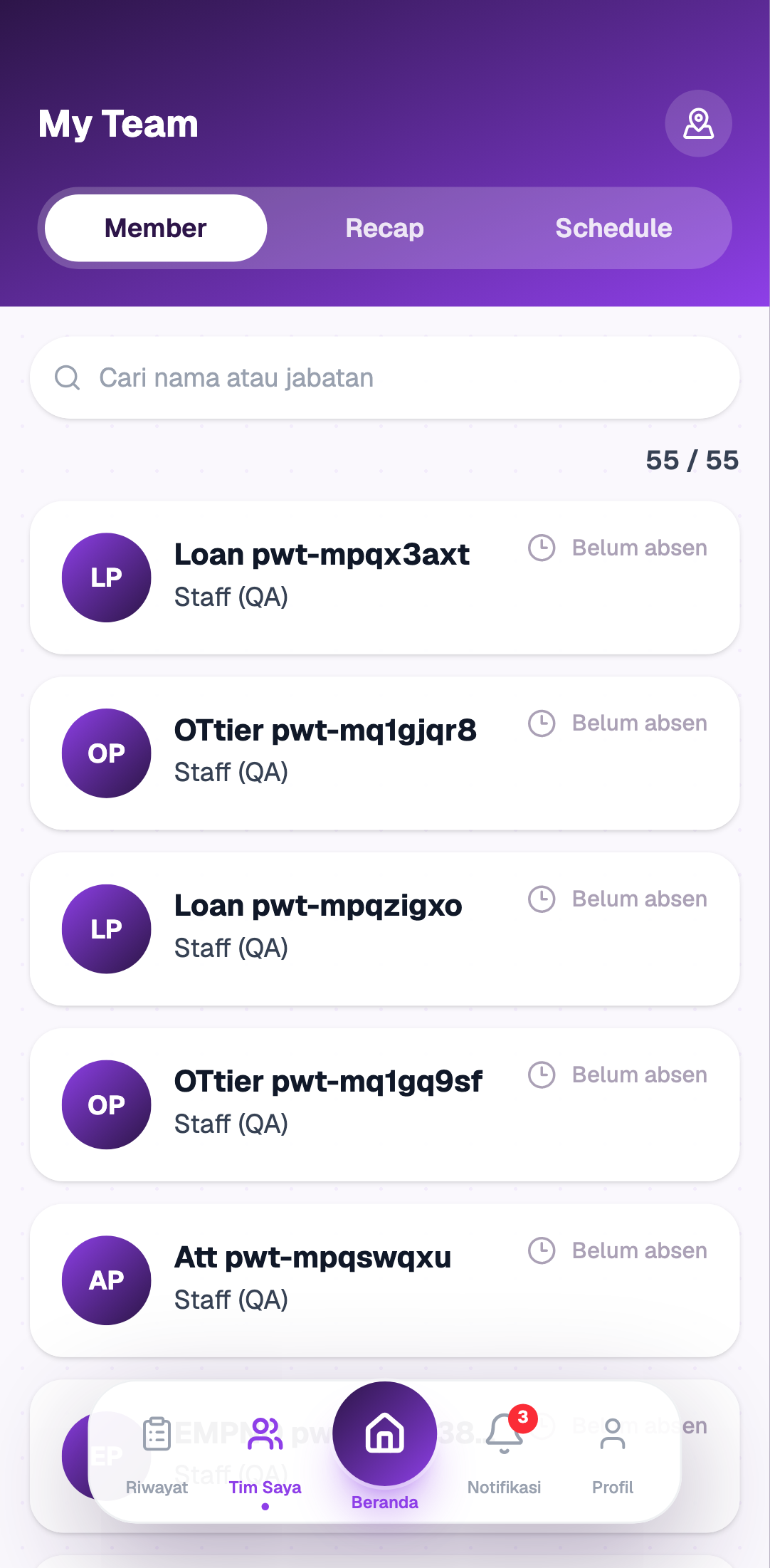 Halaman My Team dex-attendance menampilkan rekap kehadiran tim