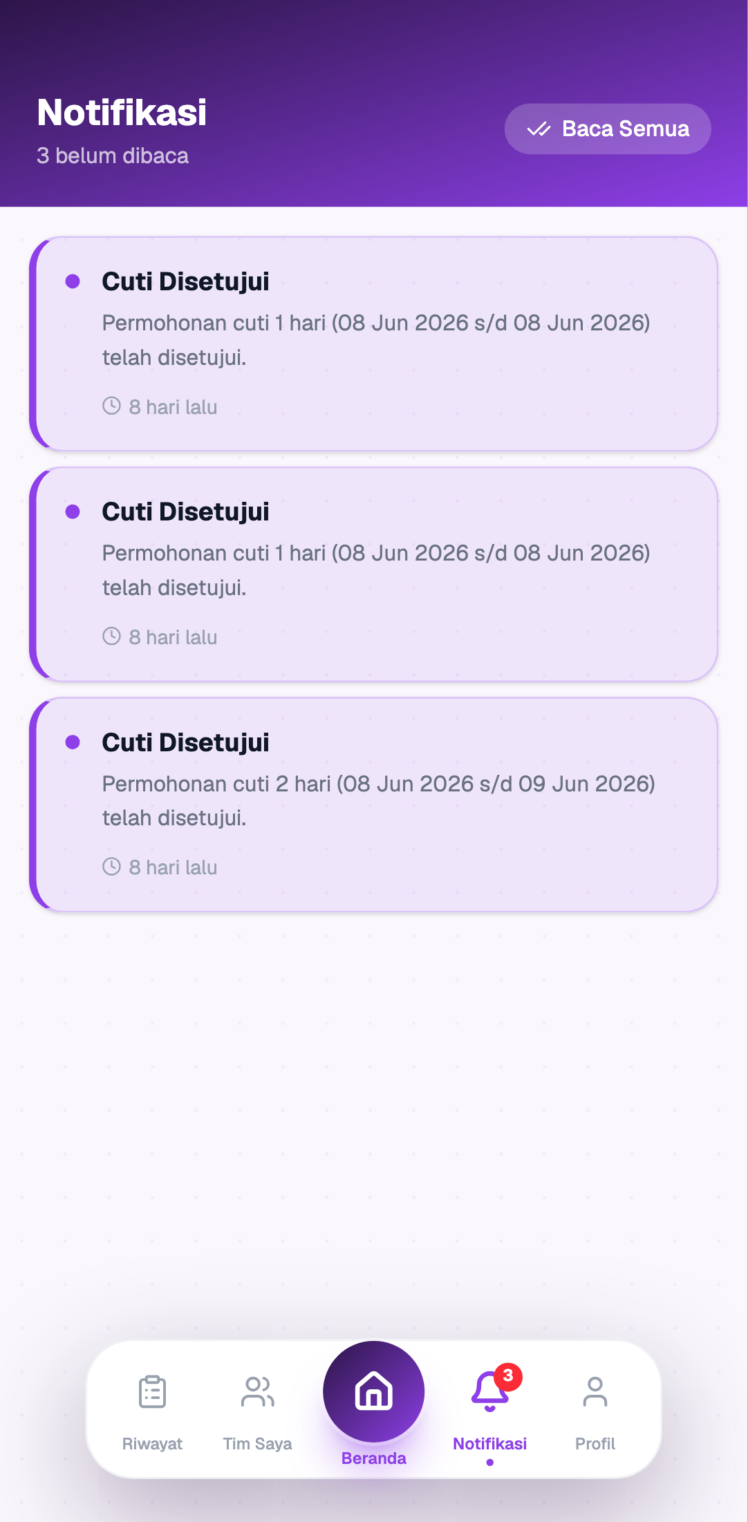 Halaman notifikasi dex-attendance