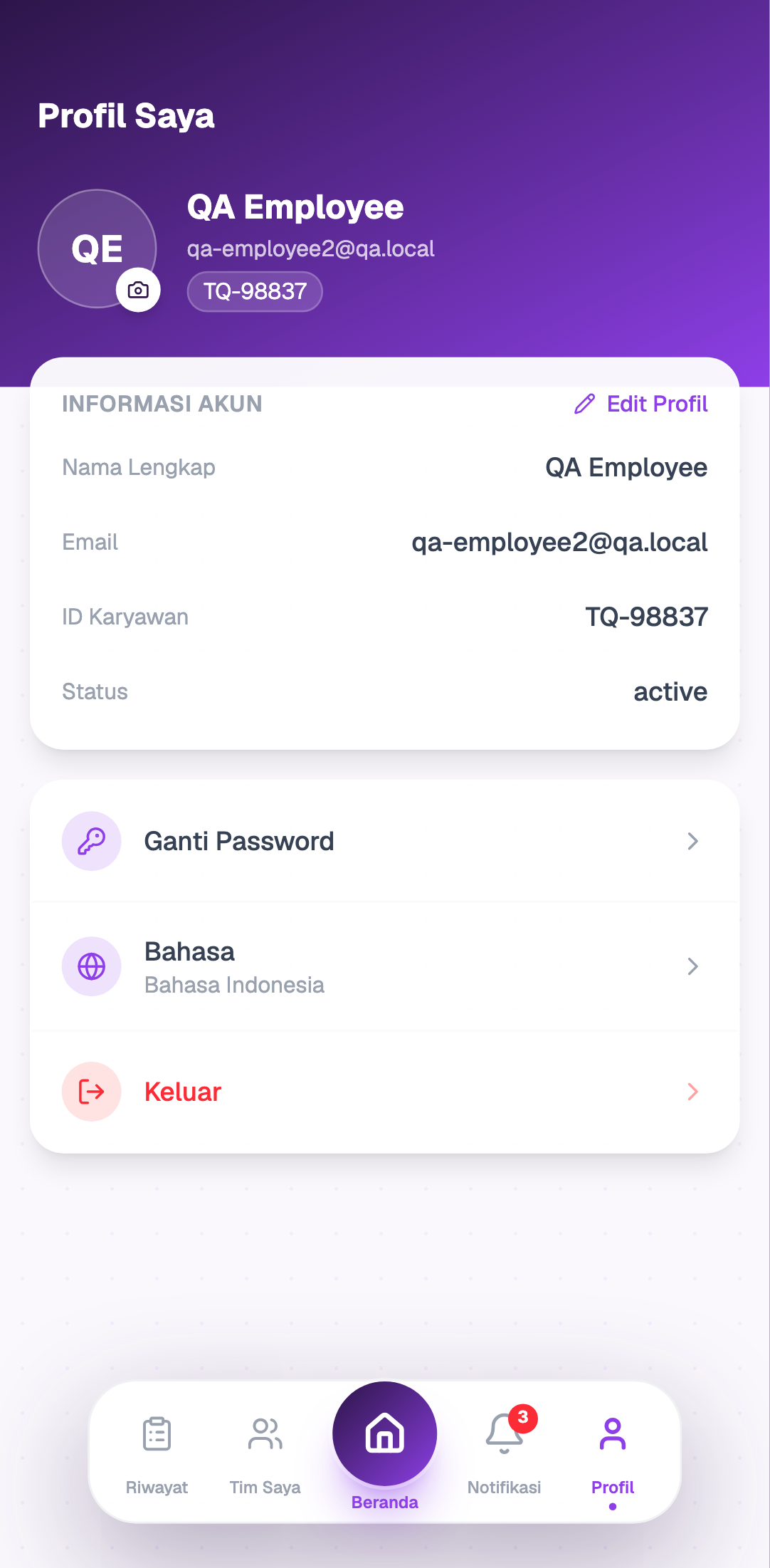 Halaman profil akun dex-attendance