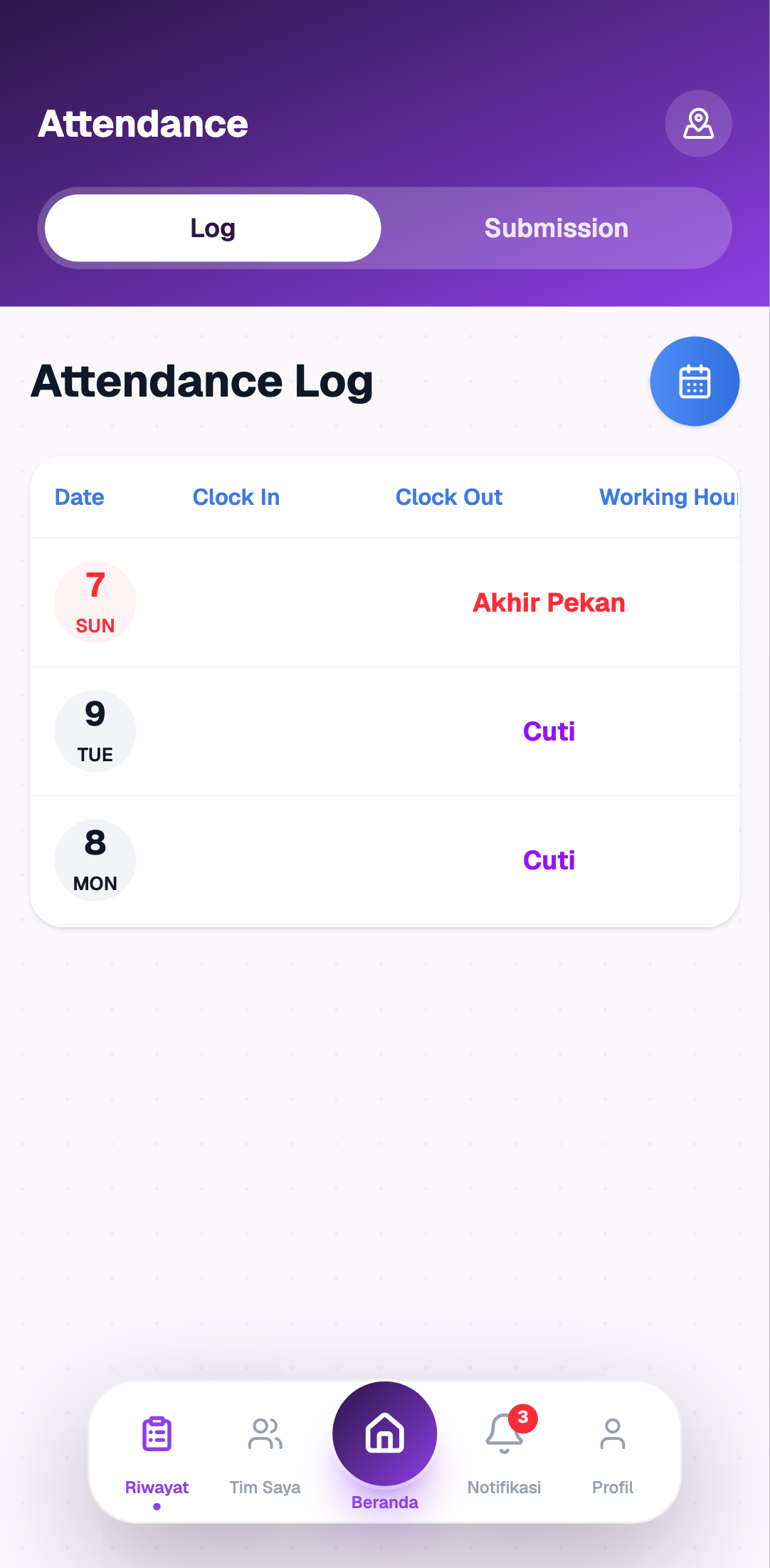 Halaman riwayat absensi dex-attendance