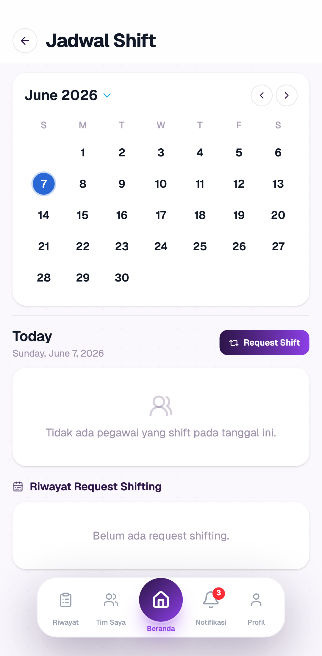 Halaman tukar shift dex-attendance dengan kalender shift bulanan