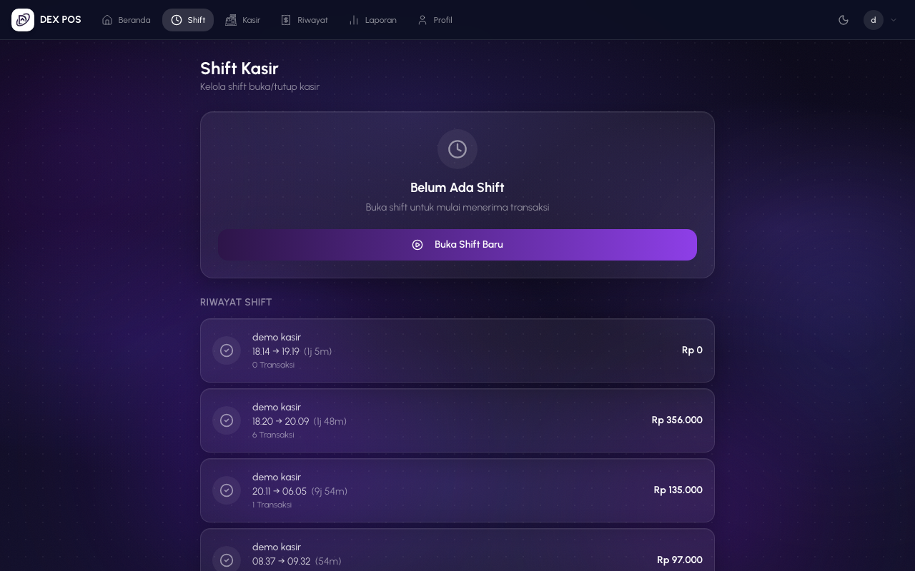 Halaman shift aplikasi Dexova POS