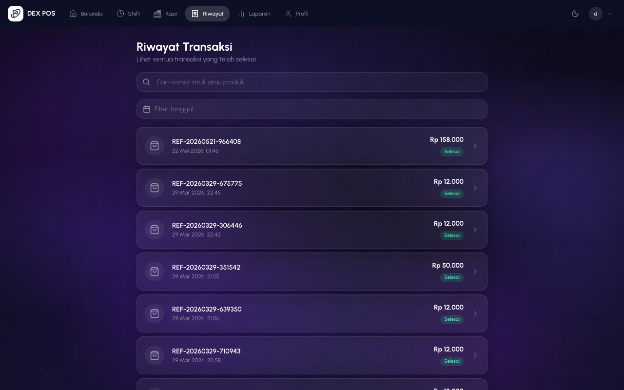 Riwayat transaksi aplikasi Dexova POS