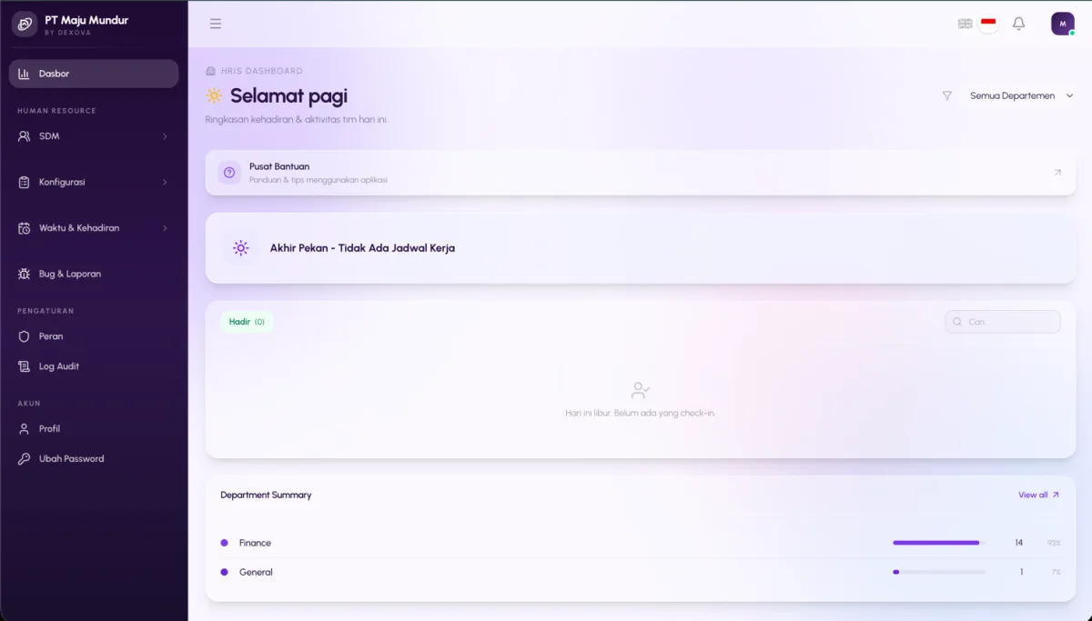 Tampilan dashboard Aplikasi HRIS Dexova: ringkasan kehadiran, departemen, dan kelola SDM
